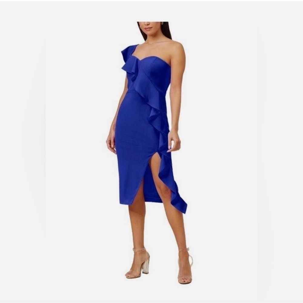 Aidan Mattox One Shoulder Midi Dress Womens 2 Blue Ruffle Cocktail Elegant